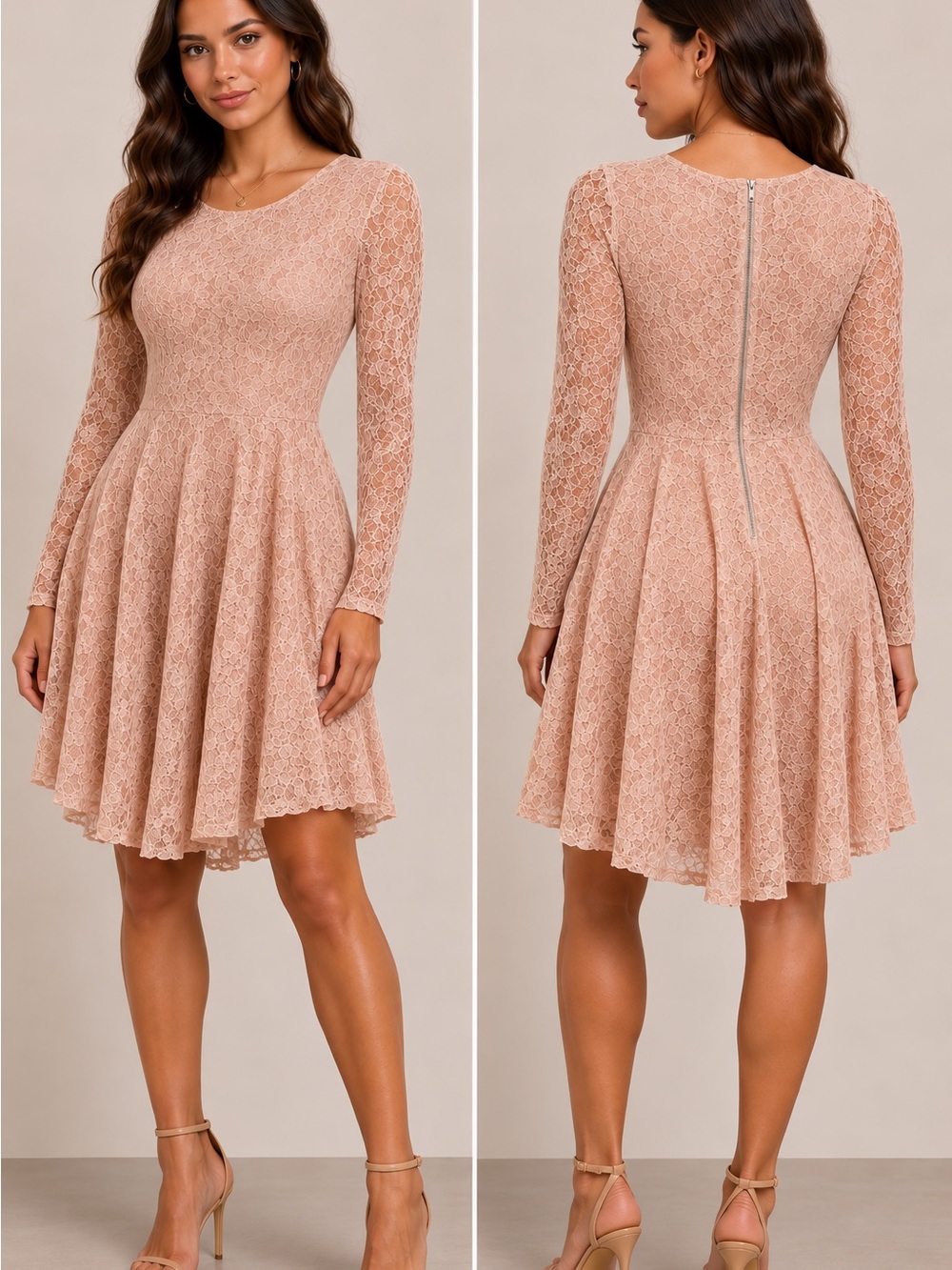 American Rag Blush Lace Long-Sleeve Fit & Flare Dress